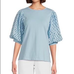 Gibson & Latimer Knit Contrast Eyelet Crew Neck Short 3/4 Balloon
Sleeve Top XL